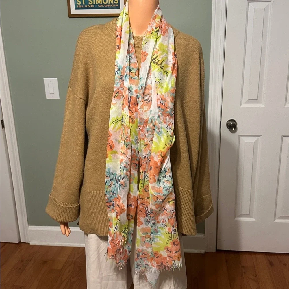 Floral Print Scarf with Orange and Green Accents - Picture 2 of 7